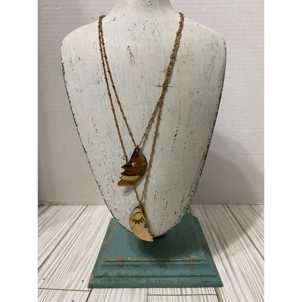SOHI Gold Tone Necklace Double Layer Celestial Moon Faces Y2K